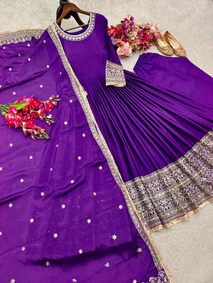 Wedding Special Premium Chinon Silk 3-Piece Purple Gown, Pant & Dupatta Set