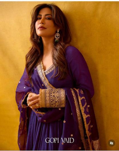 Wedding Special Premium Chinon Silk 3-Piece Purple Gown, Pant & Dupatta Set