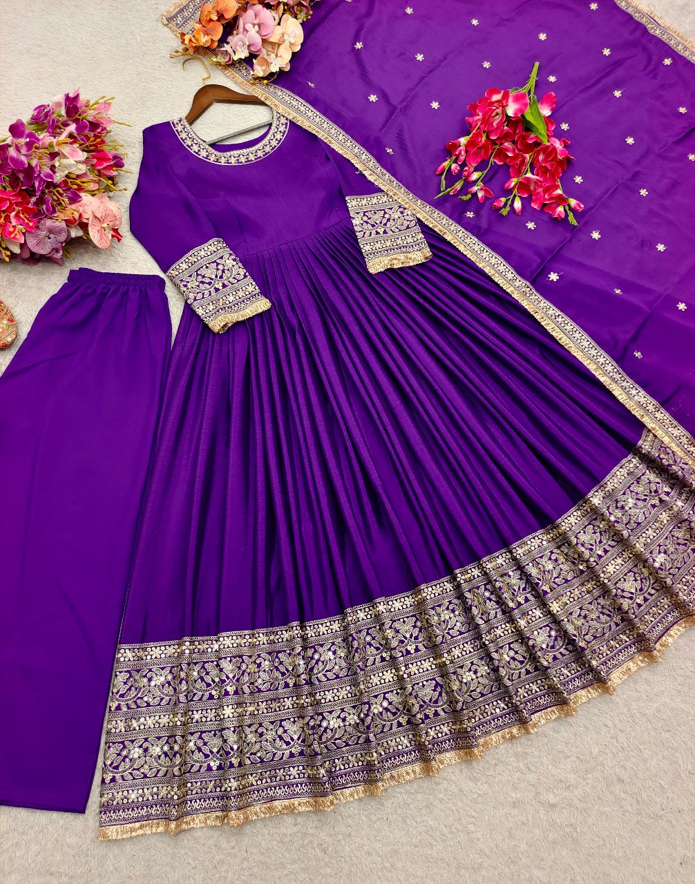 Wedding Special Premium Chinon Silk 3-Piece Purple Gown, Pant & Dupatta Set
