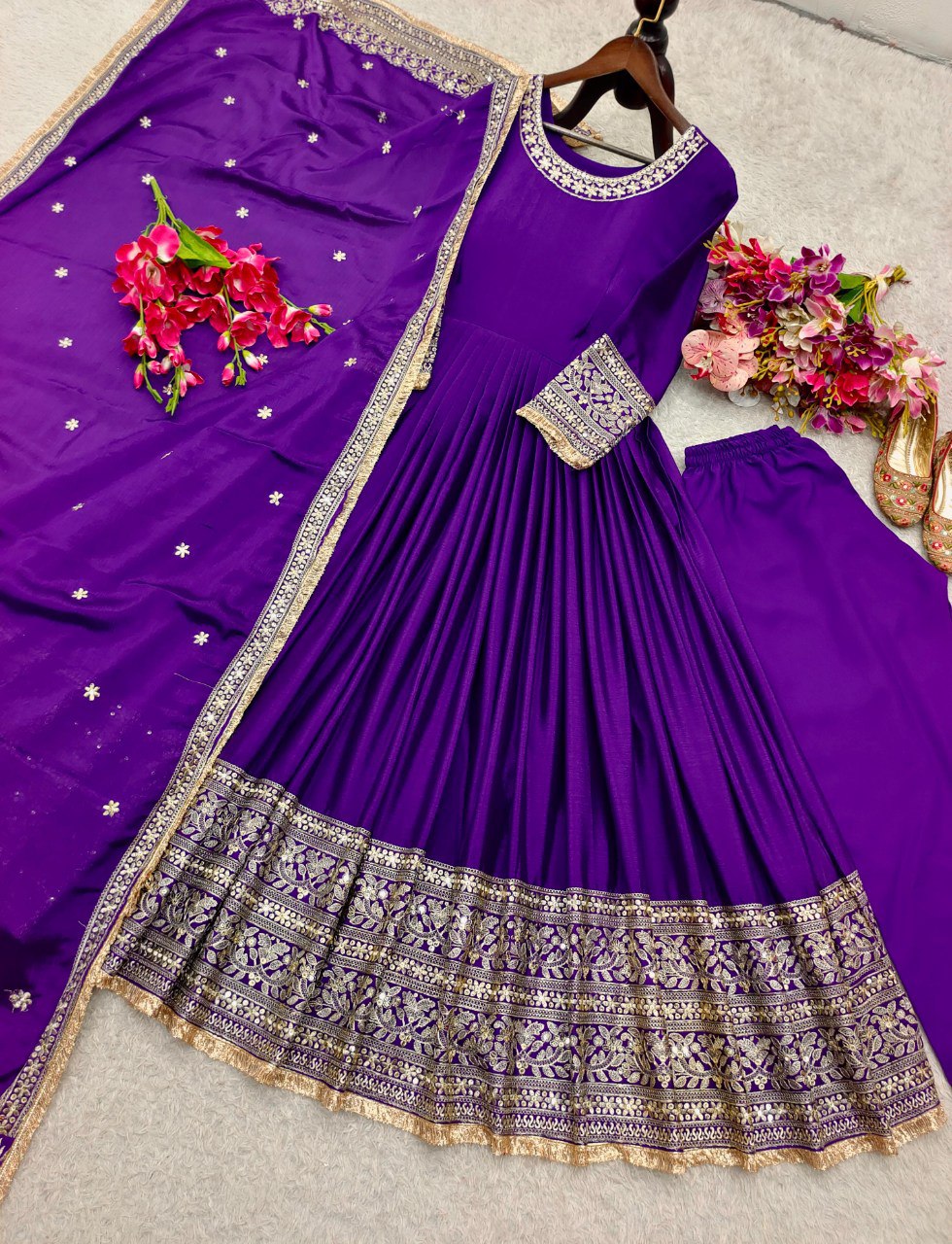 Wedding Special Premium Chinon Silk 3-Piece Purple Gown, Pant & Dupatta Set