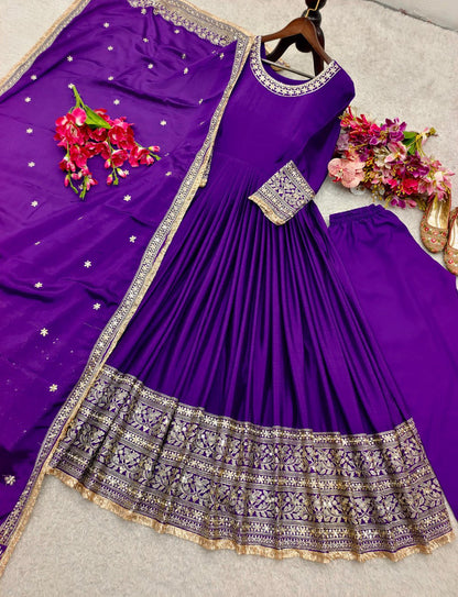 Wedding Special Premium Chinon Silk 3-Piece Purple Gown, Pant & Dupatta Set