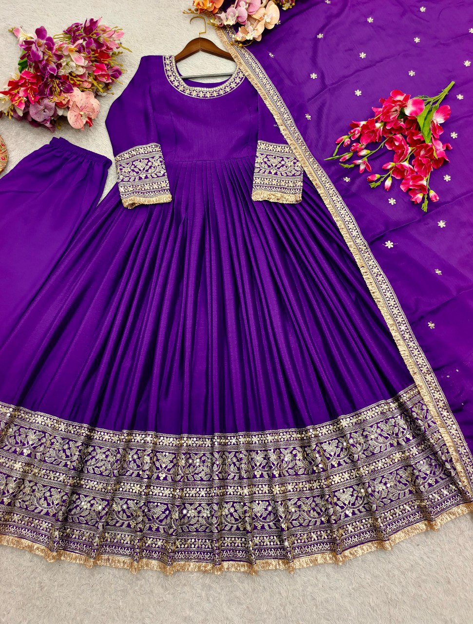 Wedding Special Premium Chinon Silk 3-Piece Purple Gown, Pant & Dupatta Set