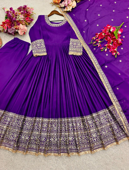 Wedding Special Premium Chinon Silk 3-Piece Purple Gown, Pant & Dupatta Set