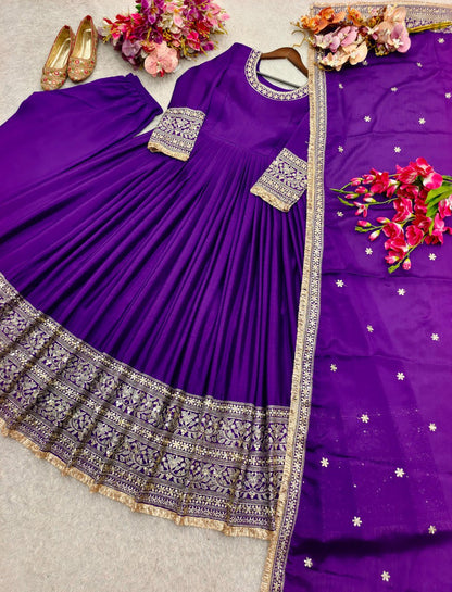 Wedding Special Premium Chinon Silk 3-Piece Purple Gown, Pant & Dupatta Set