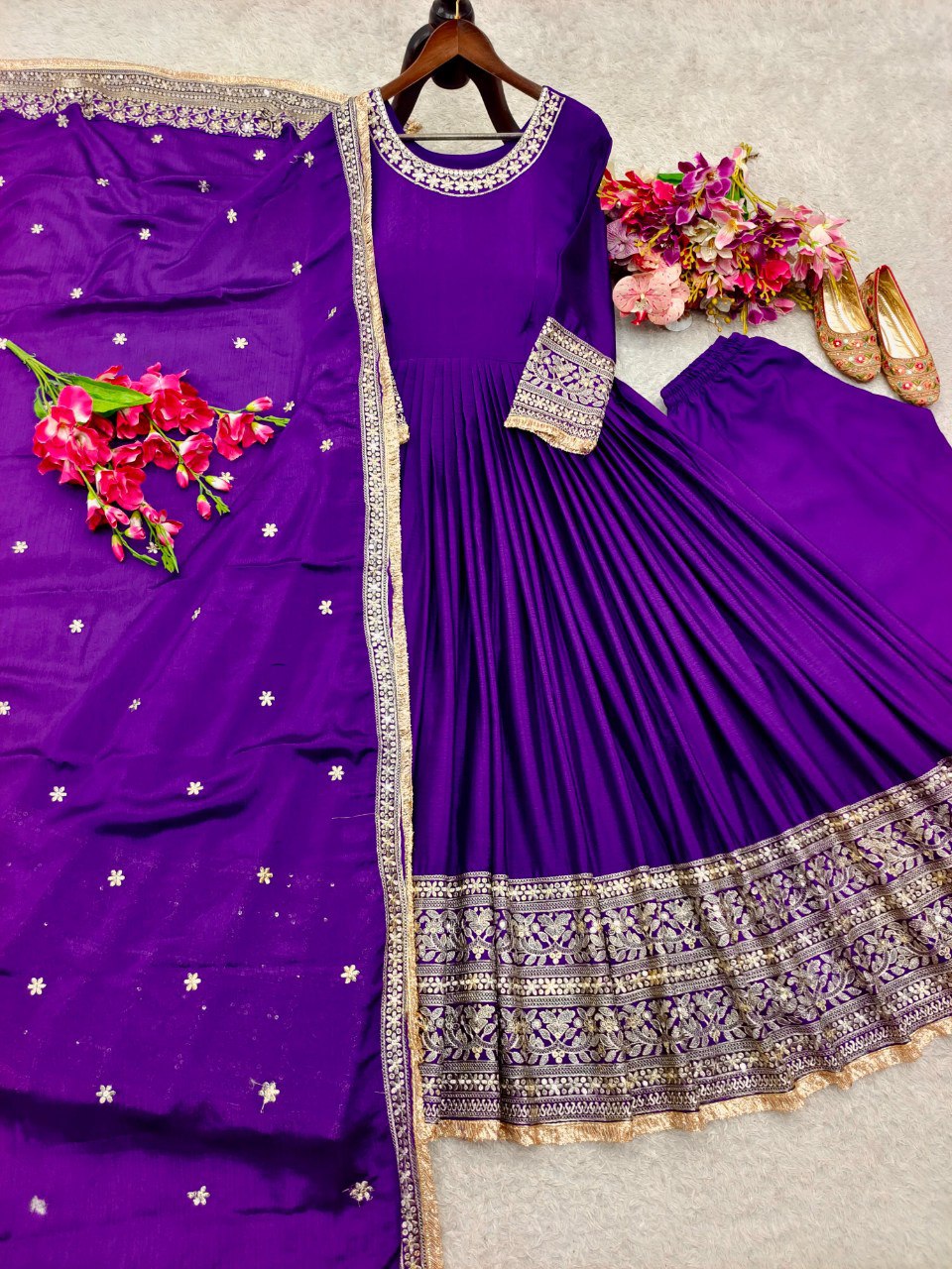 Wedding Special Premium Chinon Silk 3-Piece Purple Gown, Pant & Dupatta Set
