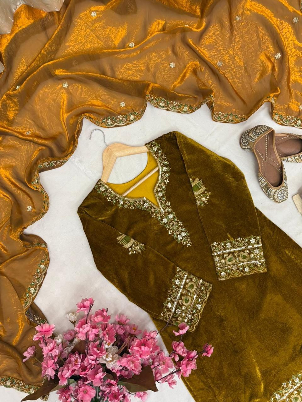 Premium Velvet Kurti & Palazzo Set With Dupatta – Heavy Sequins & Zari Embroidery