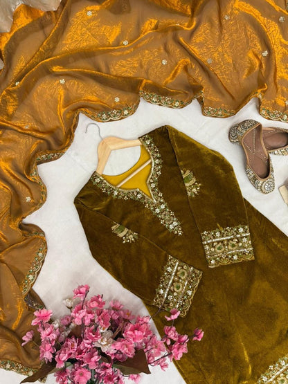 Premium Velvet Kurti & Palazzo Set With Dupatta – Heavy Sequins & Zari Embroidery