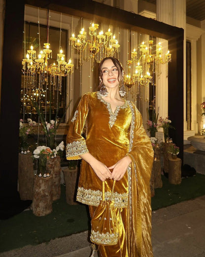 Premium Velvet Kurti & Palazzo Set With Dupatta – Heavy Sequins & Zari Embroidery