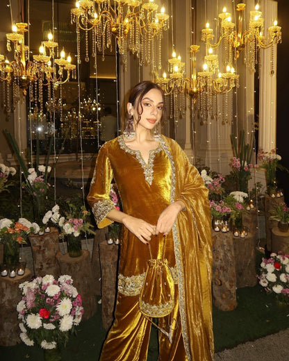 Premium Velvet Kurti & Palazzo Set With Dupatta – Heavy Sequins & Zari Embroidery