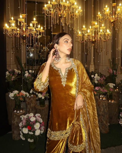 Premium Velvet Kurti & Palazzo Set With Dupatta – Heavy Sequins & Zari Embroidery
