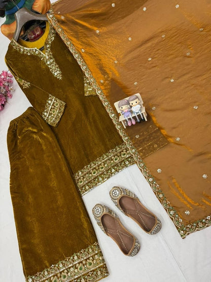 Premium Velvet Kurti & Palazzo Set With Dupatta – Heavy Sequins & Zari Embroidery