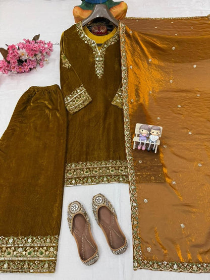 Premium Velvet Kurti & Palazzo Set With Dupatta – Heavy Sequins & Zari Embroidery