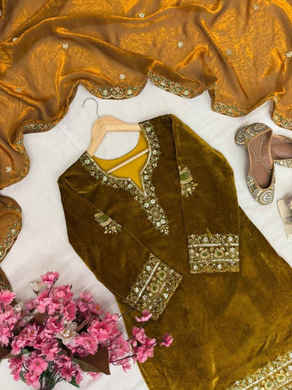 Premium Velvet Kurti & Palazzo Set With Dupatta – Heavy Sequins & Zari Embroidery