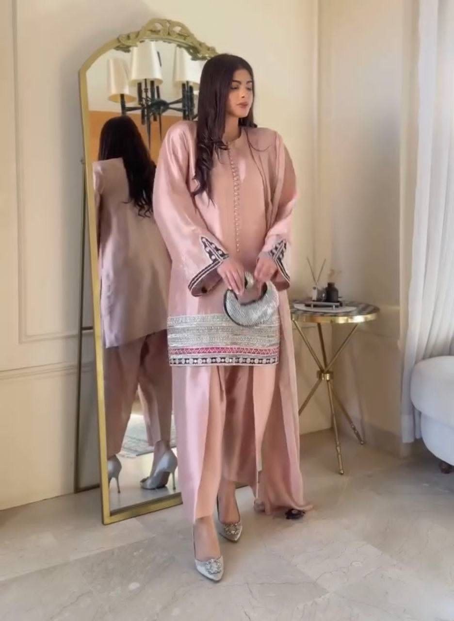 Designer Heavy Natural Crepe Top–Pant–Dupatta Set | Embroidered Sequins Work | Party & Casual Wear