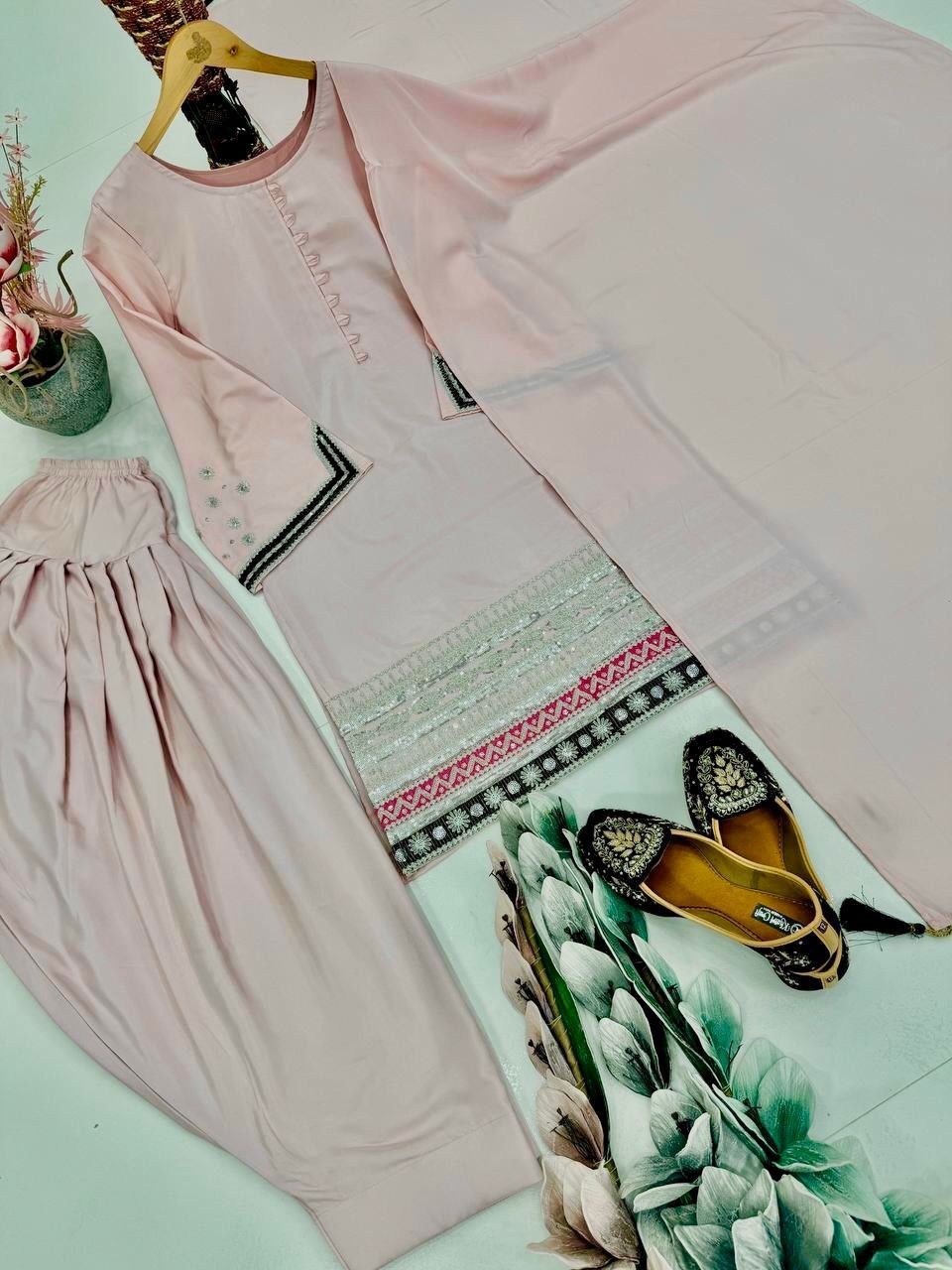 Designer Heavy Natural Crepe Top–Pant–Dupatta Set | Embroidered Sequins Work | Party & Casual Wear