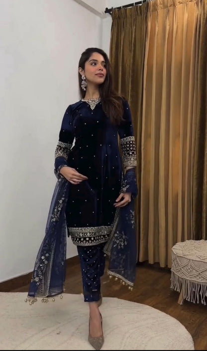 Velvet Winter Kurta–Pant–Dupatta Set | Heavy Embroidery & Sequence Work | Premium Party Wear