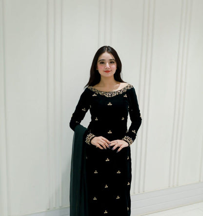 2025 Velvet Winter Kurta–Pant–Dupatta Set | 3-Piece Party Wear with Sequence Embroidery