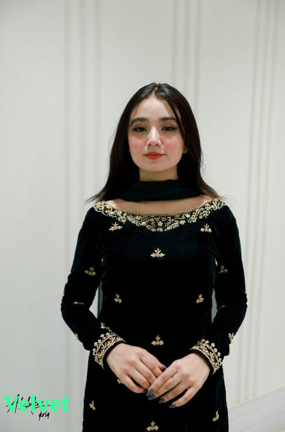 2025 Velvet Winter Kurta–Pant–Dupatta Set | 3-Piece Party Wear with Sequence Embroidery
