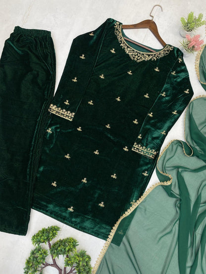 2025 Velvet Winter Kurta–Pant–Dupatta Set | 3-Piece Party Wear with Sequence Embroidery