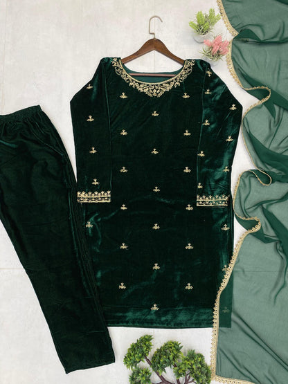 2025 Velvet Winter Kurta–Pant–Dupatta Set | 3-Piece Party Wear with Sequence Embroidery