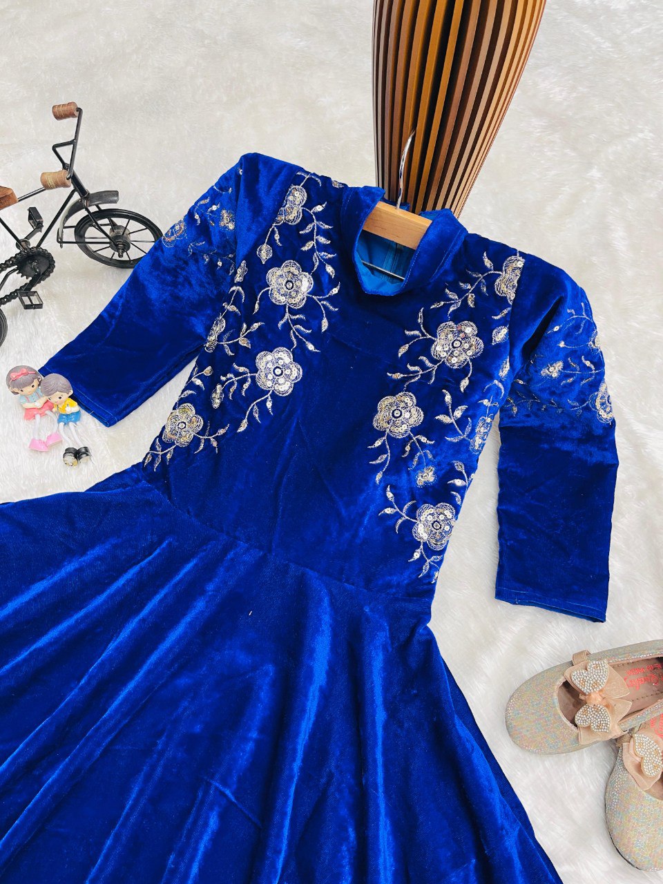 Kids Velvet Party Gown | Full-Stitched Embroidery & Sequence Work | Ages 3–15 Years