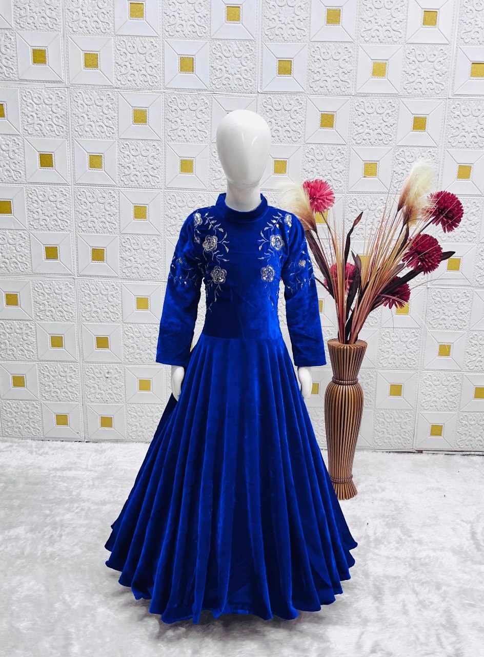 Kids Velvet Party Gown | Full-Stitched Embroidery & Sequence Work | Ages 3–15 Years