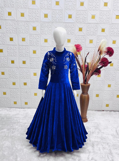 Kids Velvet Party Gown | Full-Stitched Embroidery & Sequence Work | Ages 3–15 Years