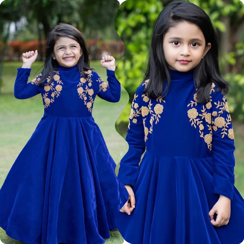 Kids Velvet Party Gown | Full-Stitched Embroidery & Sequence Work | Ages 3–15 Years