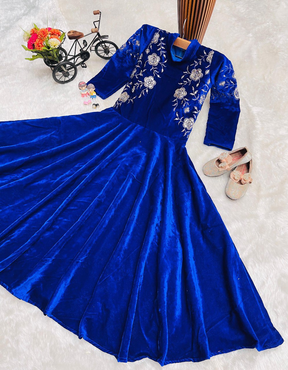 Kids Velvet Party Gown | Full-Stitched Embroidery & Sequence Work | Ages 3–15 Years