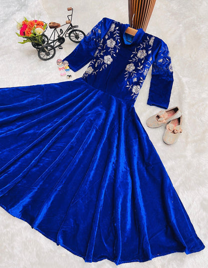 Kids Velvet Party Gown | Full-Stitched Embroidery & Sequence Work | Ages 3–15 Years