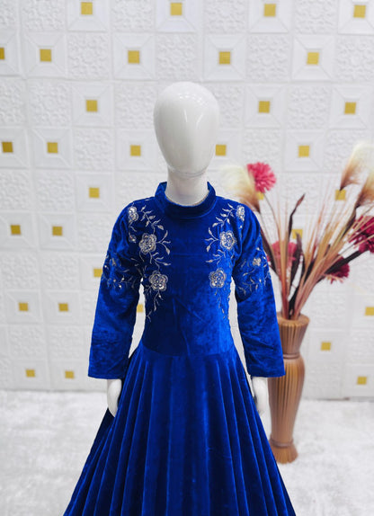 Kids Velvet Party Gown | Full-Stitched Embroidery & Sequence Work | Ages 3–15 Years