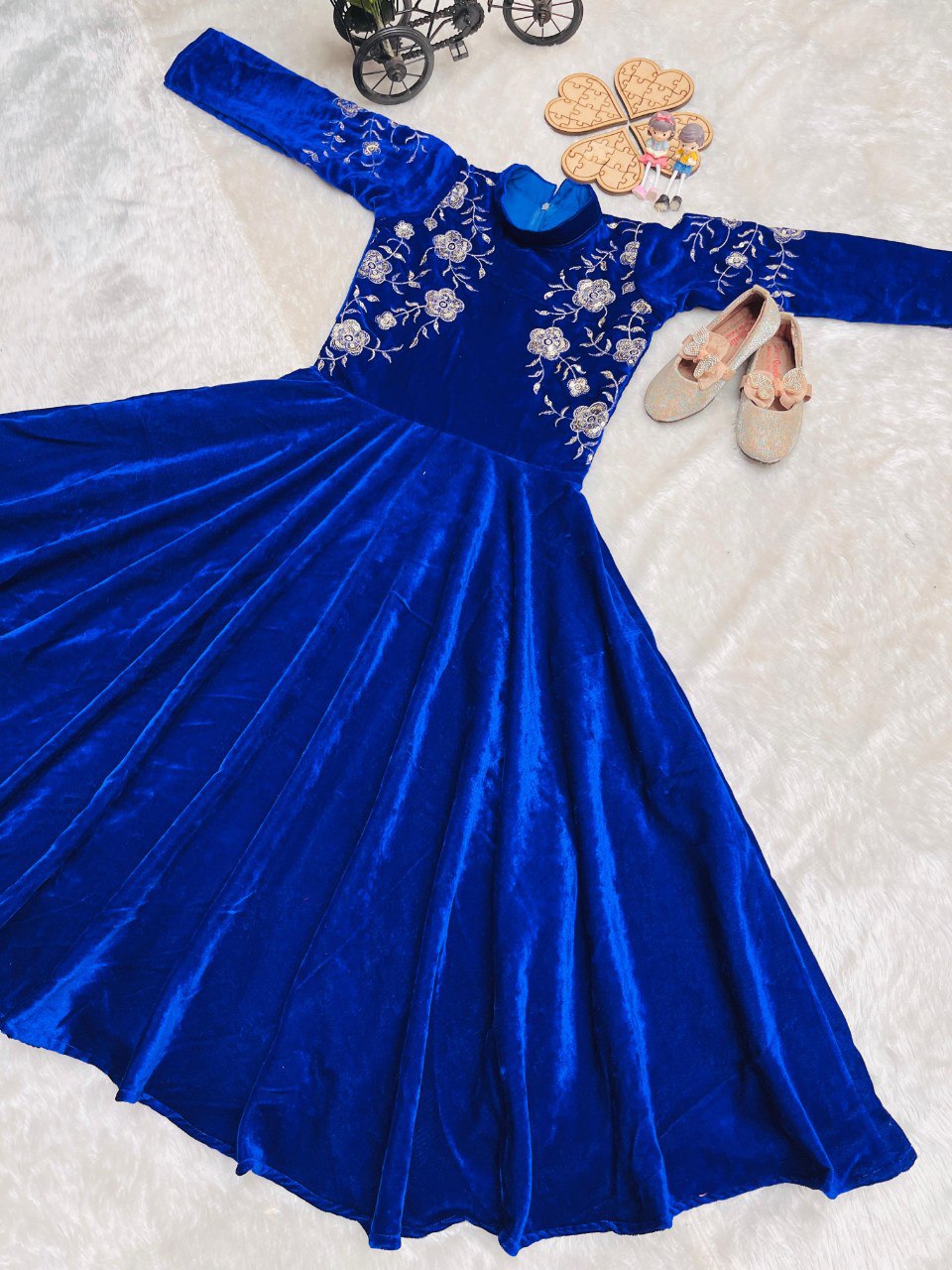 Kids Velvet Party Gown | Full-Stitched Embroidery & Sequence Work | Ages 3–15 Years