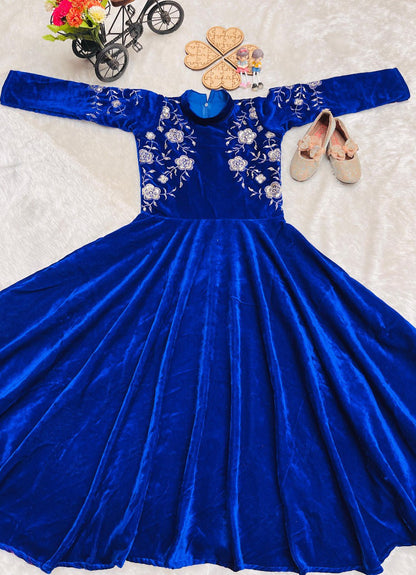 Kids Velvet Party Gown | Full-Stitched Embroidery & Sequence Work | Ages 3–15 Years