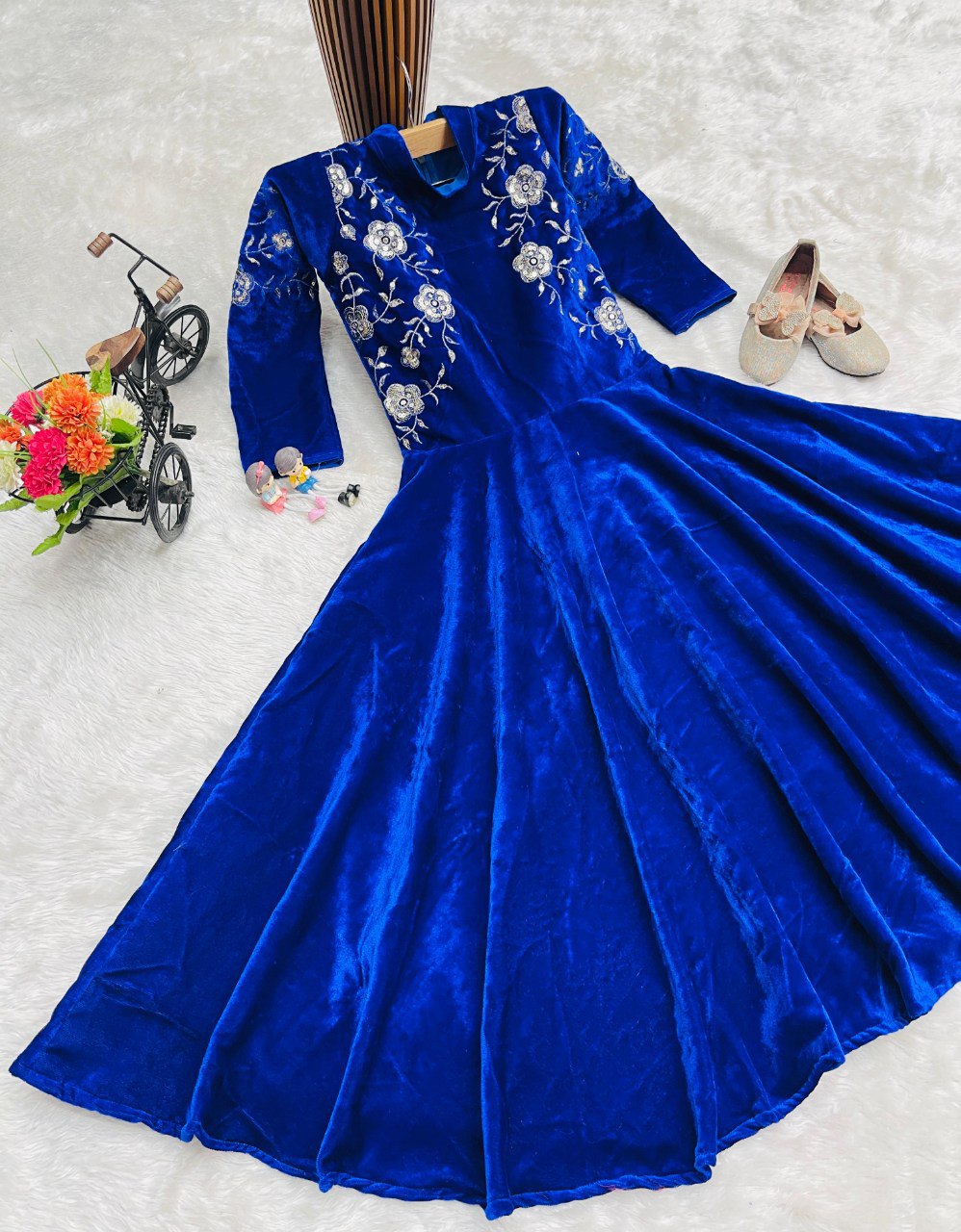 Kids Velvet Party Gown | Full-Stitched Embroidery & Sequence Work | Ages 3–15 Years