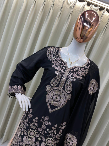 Designer Kurta Sharara Set with Dupatta | Heavy Sequence Embroidery | French Crape Fabric | Ready to Wear