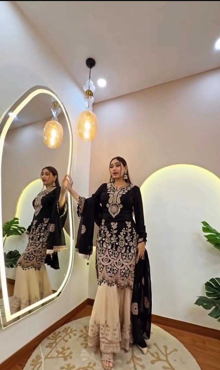 Designer Kurta Sharara Set with Dupatta | Heavy Sequence Embroidery | French Crape Fabric | Ready to Wear