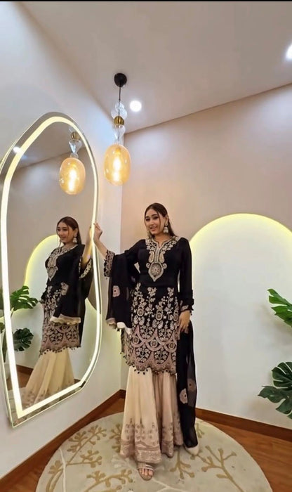 Designer Kurta Sharara Set with Dupatta | Heavy Sequence Embroidery | French Crape Fabric | Ready to Wear