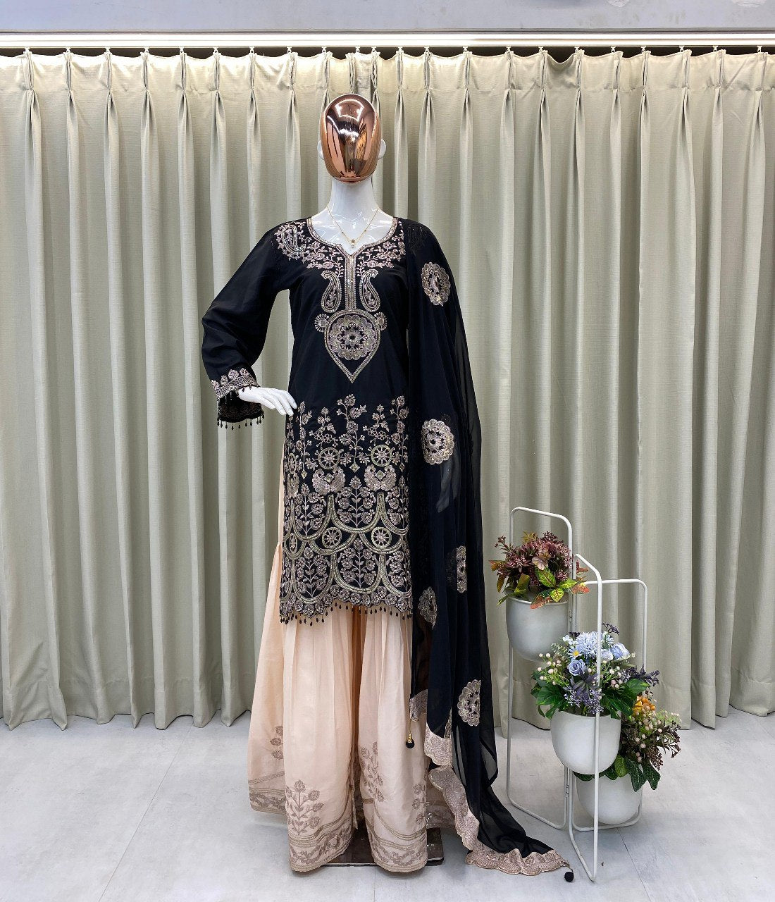 Designer Kurta Sharara Set with Dupatta | Heavy Sequence Embroidery | French Crape Fabric | Ready to Wear