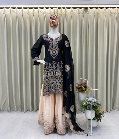 Designer Kurta Sharara Set with Dupatta | Heavy Sequence Embroidery | French Crape Fabric | Ready to Wear