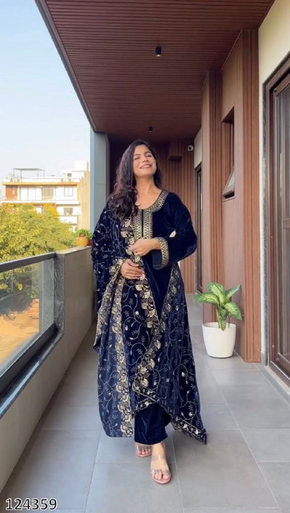 Premium Velvet Winter Collection – 3-Piece Embroidered Suit Set