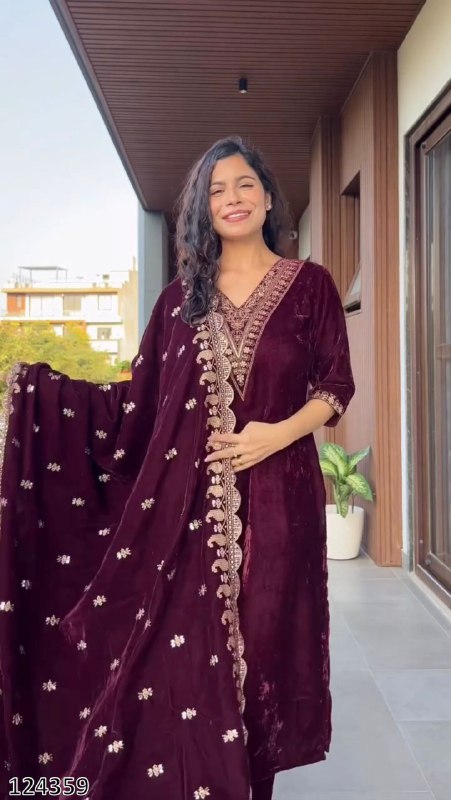 Premium Velvet Winter Collection – 3-Piece Embroidered Suit Set