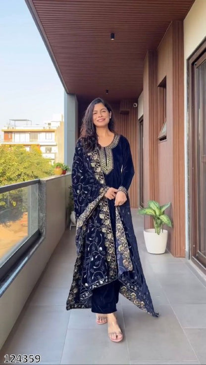 Premium Velvet Winter Collection – 3-Piece Embroidered Suit Set