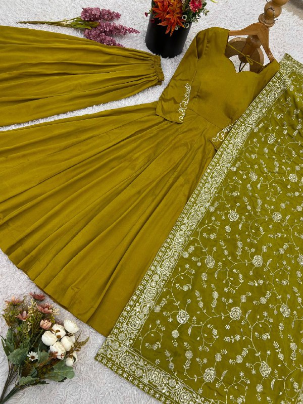 Elegant German Chiffon Fabric Embroidered Gown With Palazzo Set