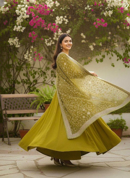 Elegant German Chiffon Fabric Embroidered Gown With Palazzo Set