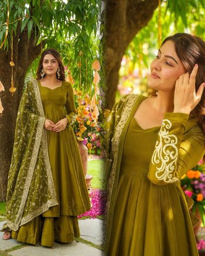 Elegant German Chiffon Fabric Embroidered Gown With Palazzo Set