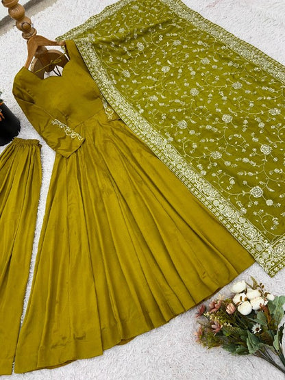 Elegant German Chiffon Fabric Embroidered Gown With Palazzo Set