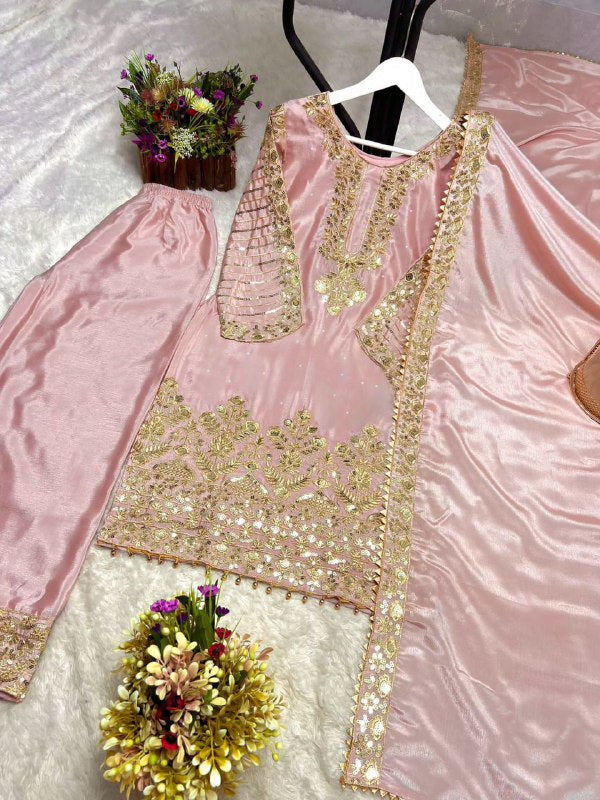 Three Piece Fancy Kurti, Palazzo & Dupatta Set With Pure Chinon Silk Fabric