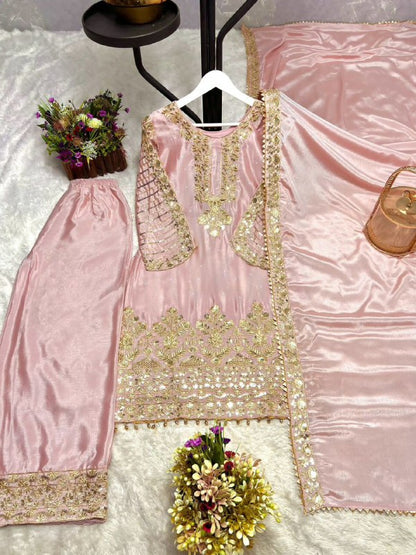 Three Piece Fancy Kurti, Palazzo & Dupatta Set With Pure Chinon Silk Fabric