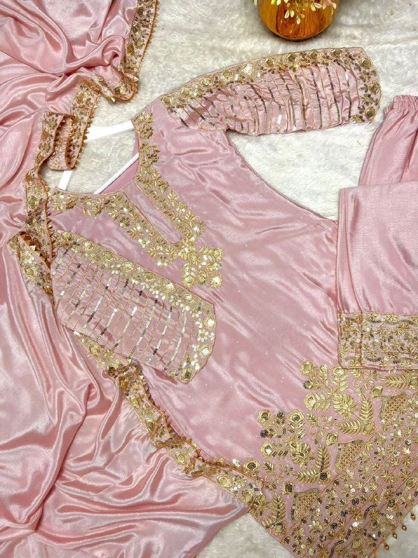 Three Piece Fancy Kurti, Palazzo & Dupatta Set With Pure Chinon Silk Fabric