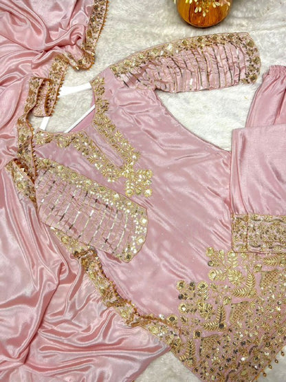 Three Piece Fancy Kurti, Palazzo & Dupatta Set With Pure Chinon Silk Fabric